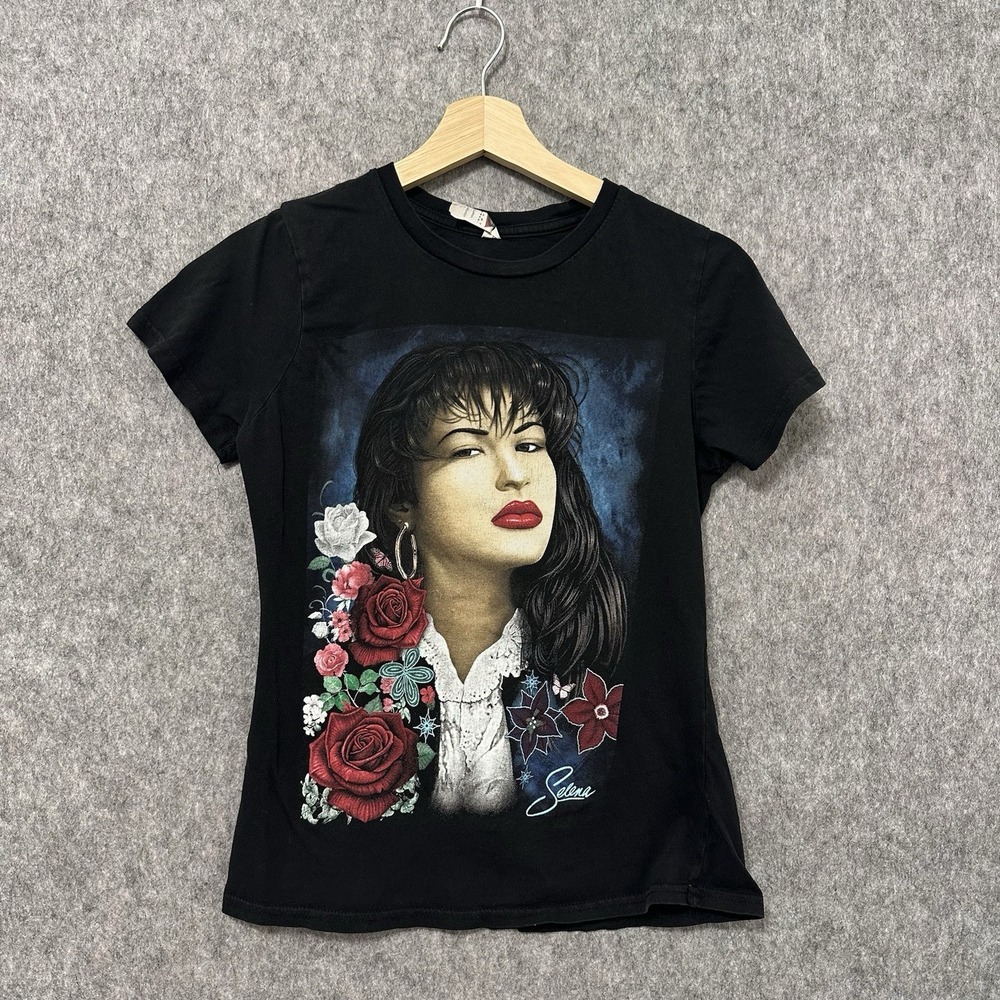 Selena Quintanilla Graphic T-Shirt Roses Y2K Black Cotton Women's Size S